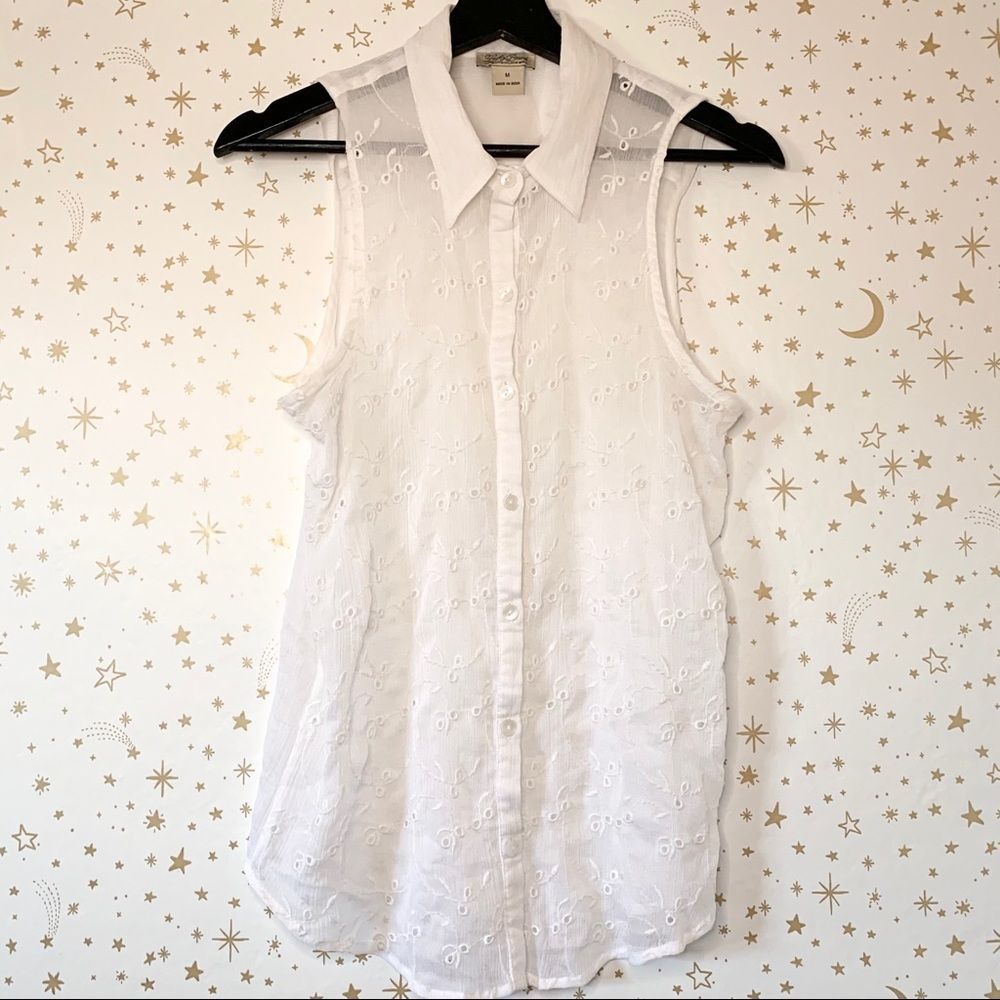 Lucky Brand Sheer Embroidered Button Up Blouse